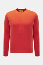 B.F. Knitwear Cashmere crew neck sweater orange shown from front, slim fit with elastic ribbed cuffs, pure cashmere, soft touch, medium-fine knit.