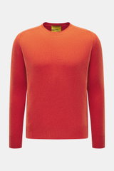 B.F. Knitwear Cashmere crew neck sweater orange shown from front, slim fit with elastic ribbed cuffs, pure cashmere, soft touch, medium-fine knit.