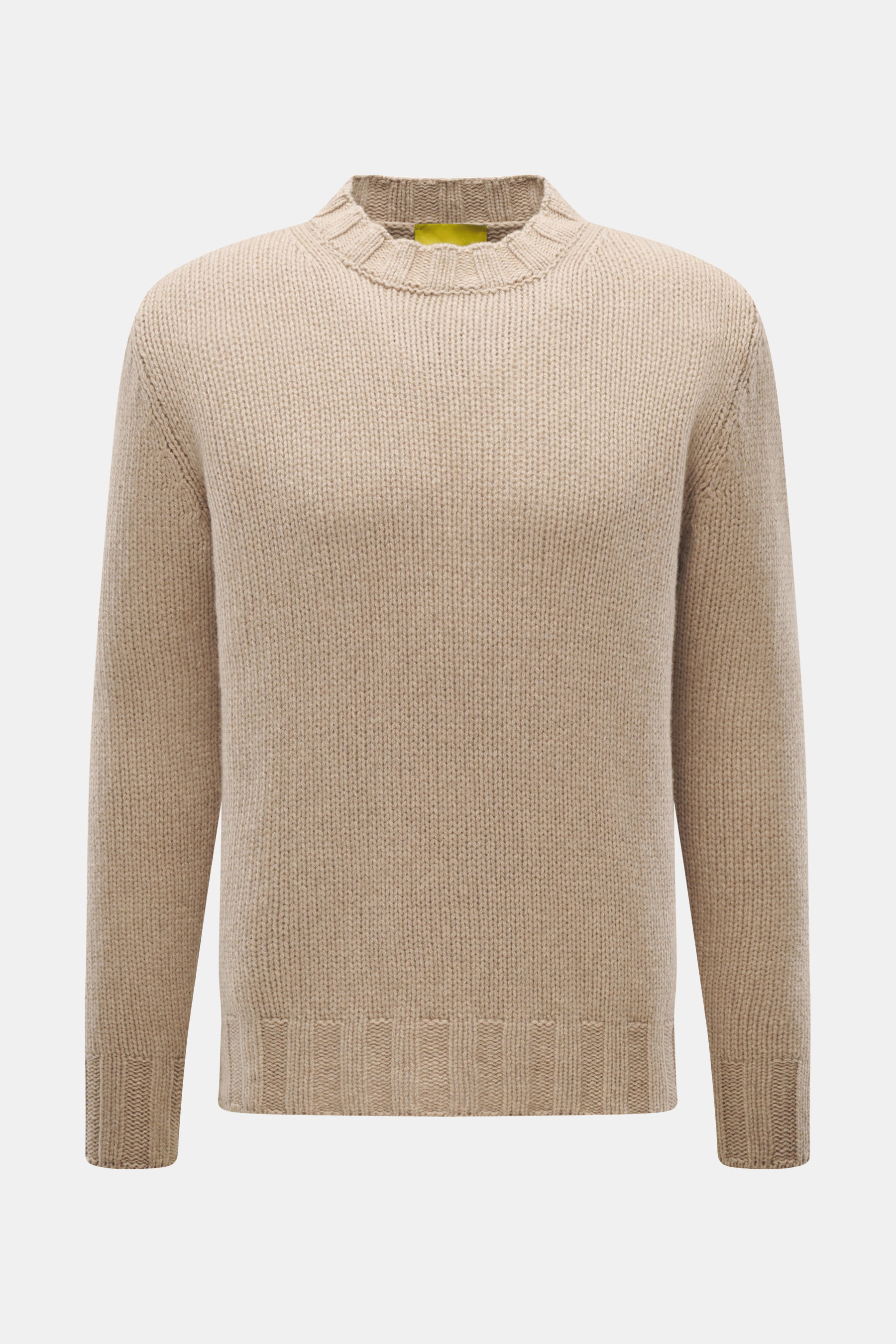 Front view of B.F. Knitwear Cashmere crew neck sweater beige, pure cashmere, soft touch, medium coarse knit, regular fit, crew neckline, elastic ribbed cuffs.