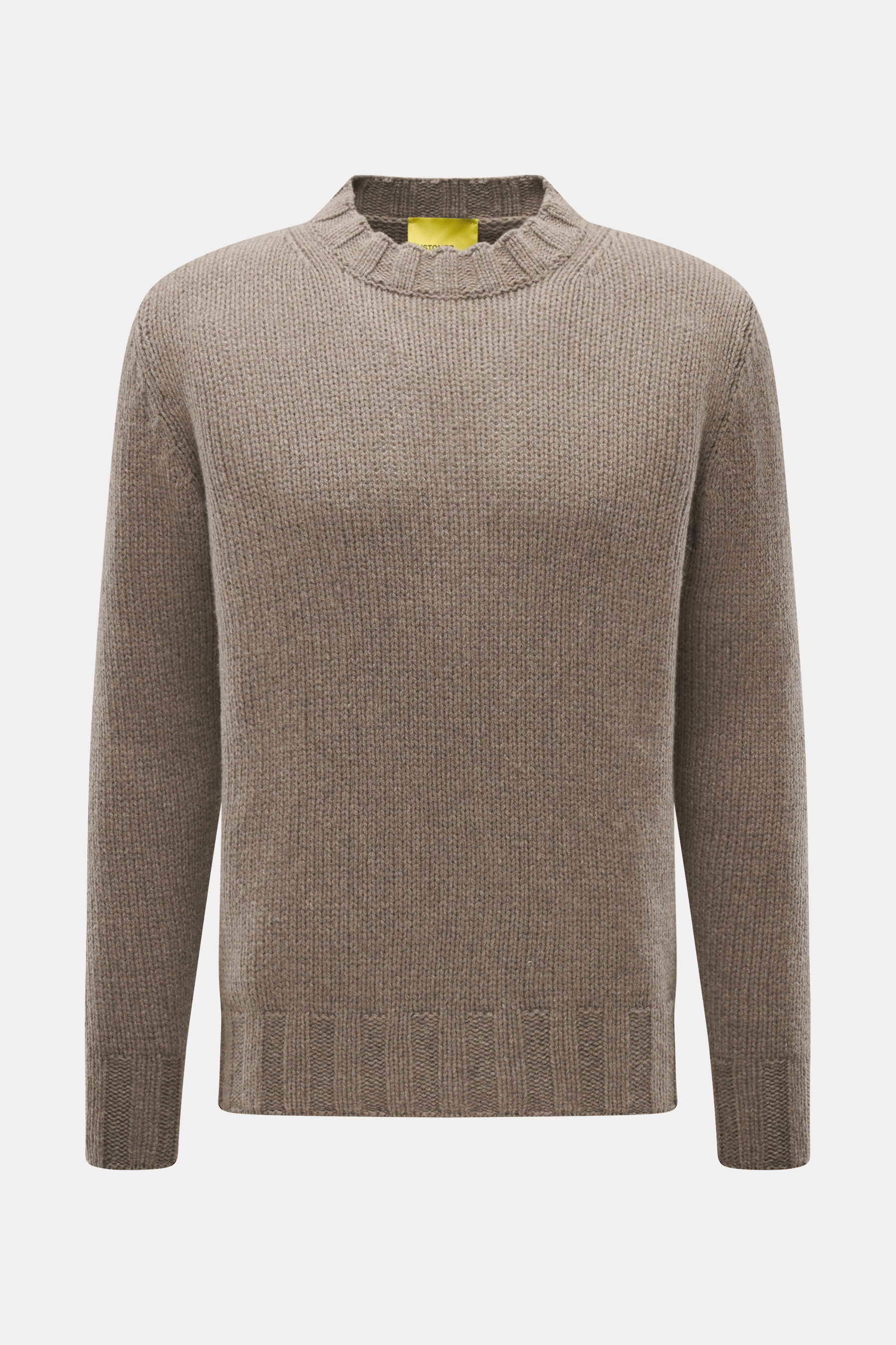 Front view of B.F. Knitwear Cashmere crew neck sweater taupe, soft pure cashmere, medium coarse knit, regular fit, crew neckline, elastic ribbed cuffs.