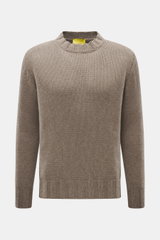 Front view of B.F. Knitwear Cashmere crew neck sweater taupe, soft pure cashmere, medium coarse knit, regular fit, crew neckline, elastic ribbed cuffs.
