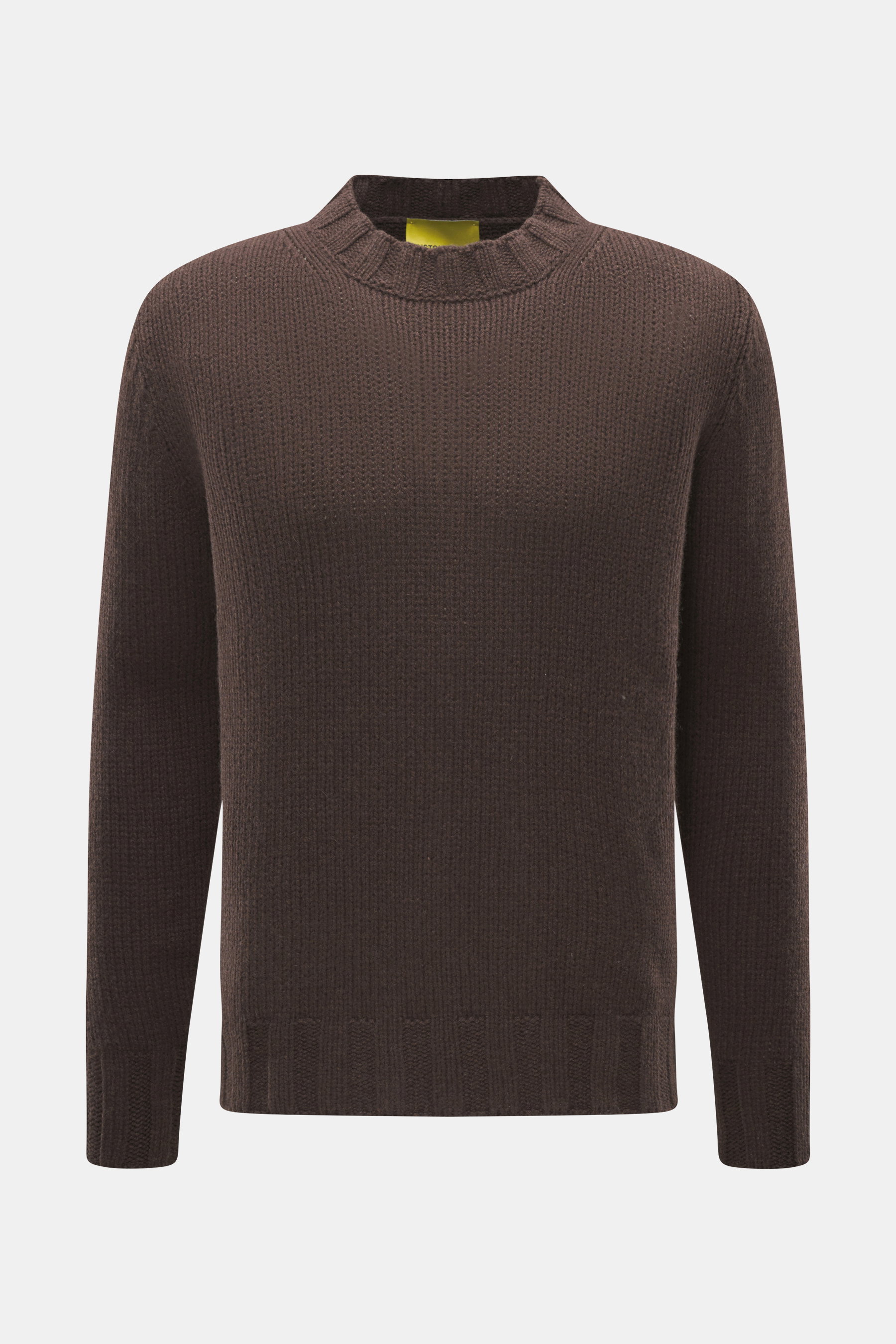 Front view of B.F. Knitwear Cashmere crew neck sweater dark brown, medium coarse knit, pure cashmere, soft touch, regular fit, elastic ribbed cuffs, crew neckline, durable, made in Italy.