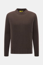 Front view of B.F. Knitwear Cashmere crew neck sweater dark brown, medium coarse knit, pure cashmere, soft touch, regular fit, elastic ribbed cuffs, crew neckline, durable, made in Italy.