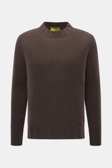 Front view of B.F. Knitwear Cashmere crew neck sweater dark brown, medium coarse knit, pure cashmere, soft touch, regular fit, elastic ribbed cuffs, crew neckline, durable, made in Italy.