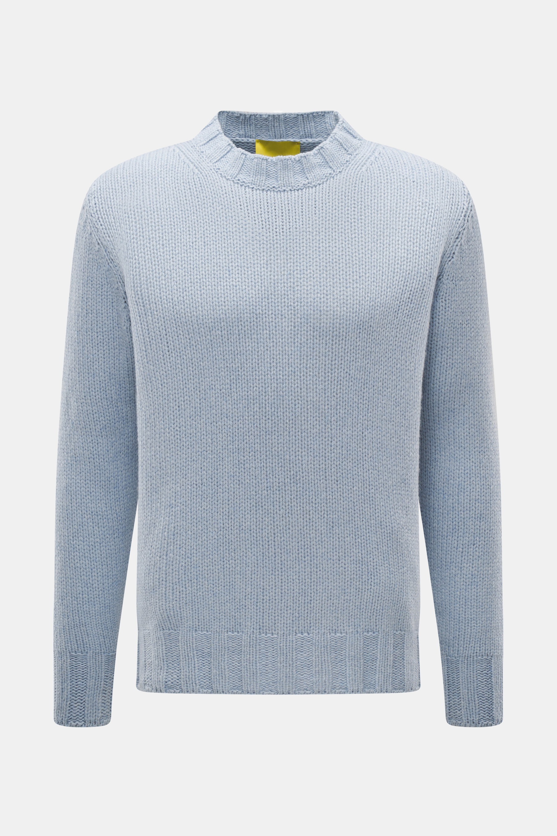 Front view of B.F. Knitwear Cashmere crew neck sweater light blue melange, medium coarse knit, soft touch, regular fit, elastic ribbed cuffs, pure cashmere, made in Italy.
