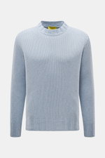 Front view of B.F. Knitwear Cashmere crew neck sweater light blue melange, medium coarse knit, soft touch, regular fit, elastic ribbed cuffs, pure cashmere, made in Italy.