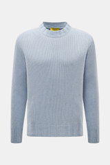 Front view of B.F. Knitwear Cashmere crew neck sweater light blue melange, medium coarse knit, soft touch, regular fit, elastic ribbed cuffs, pure cashmere, made in Italy.