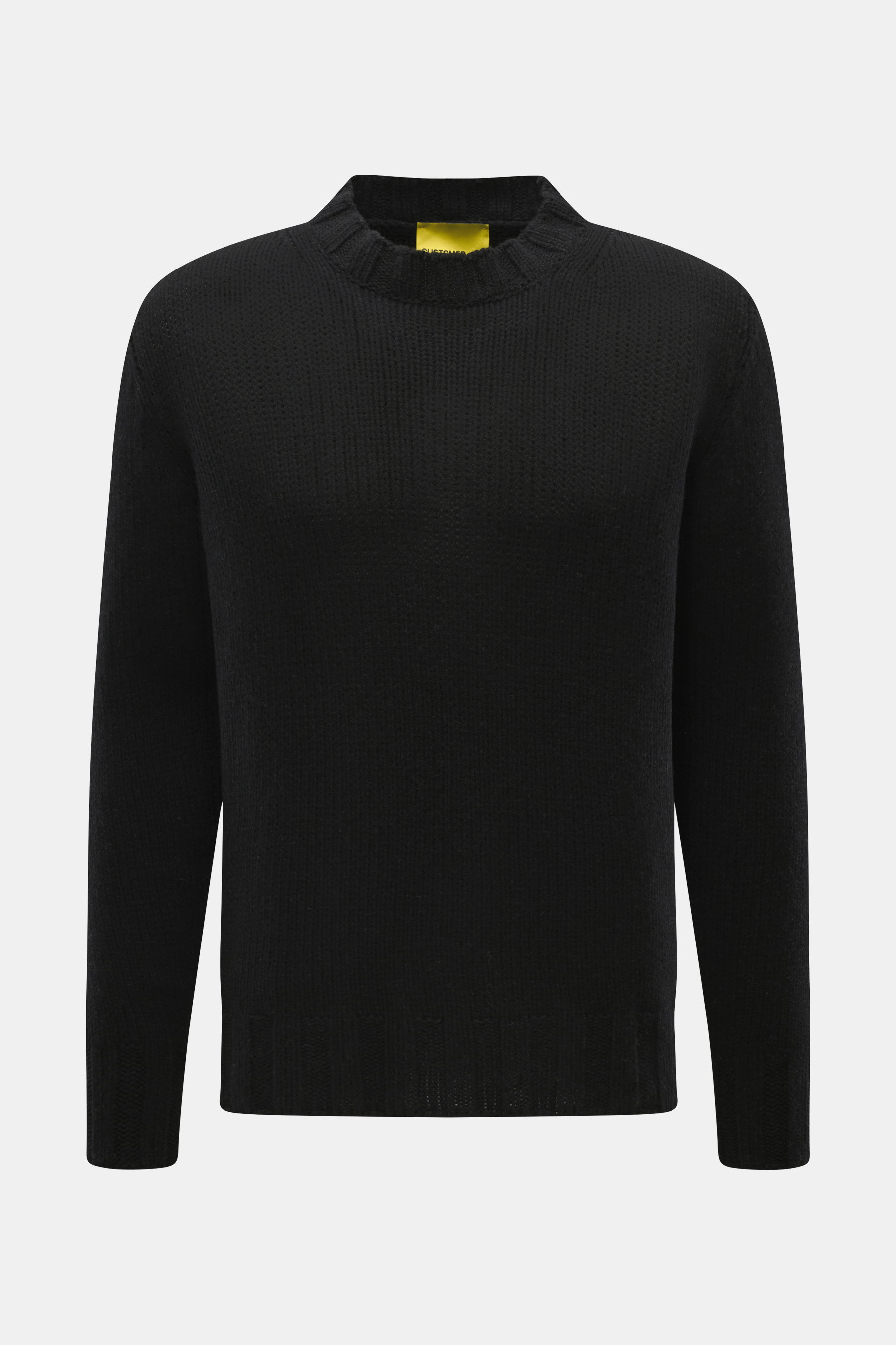 Front view of B.F. Knitwear Cashmere crew neck sweater black, a soft, pure cashmere knit with medium coarse pattern, regular fit, crew neckline, and elastic ribbed cuffs. Autumnal cashmere from the knitting expert B.F. KNITWEAR: This softly knitted crew n