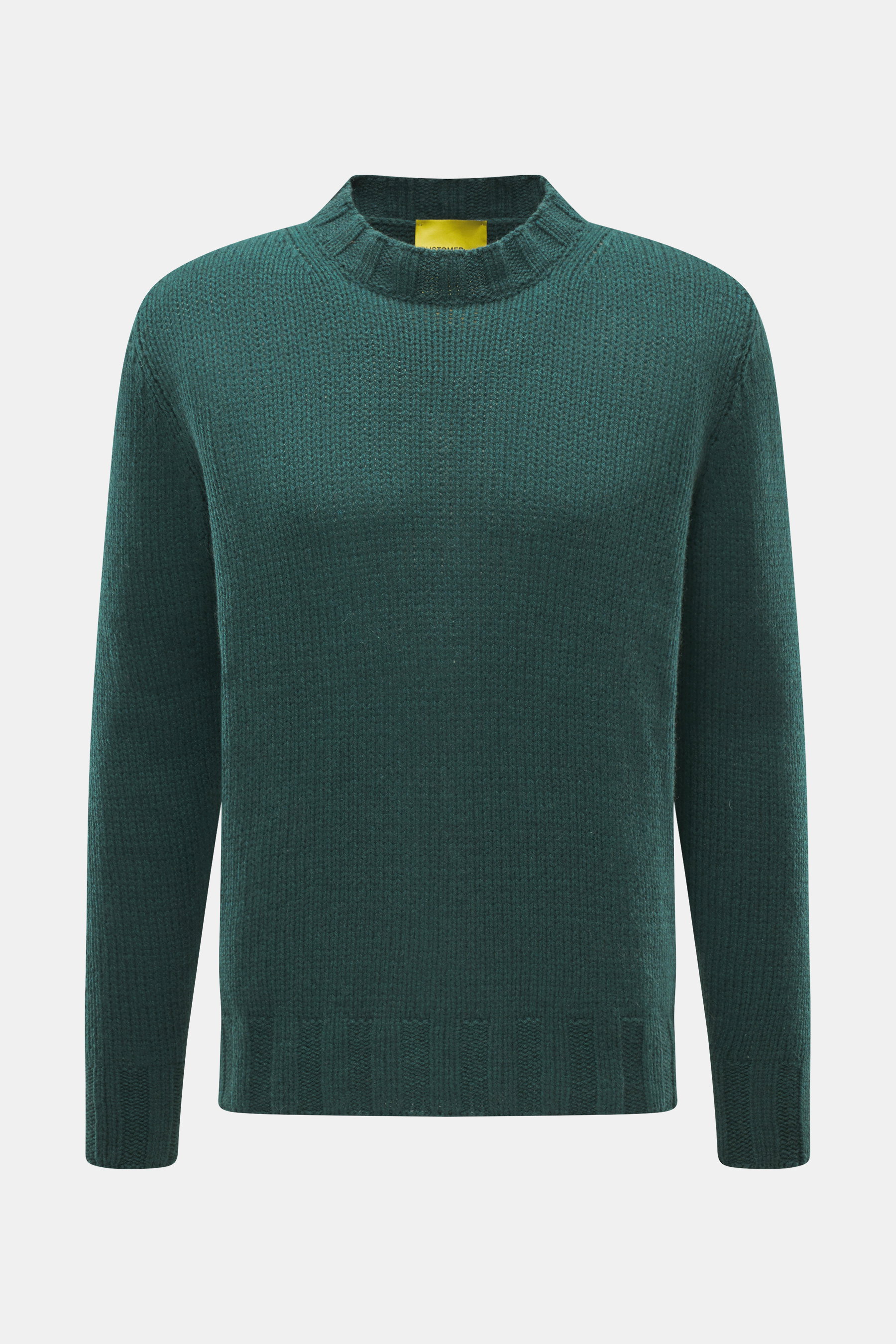 Front view of B.F. Knitwear Cashmere crew neck sweater dark green, pure cashmere, soft touch, medium coarse knit, regular fit, crew neckline, elastic ribbed cuffs.