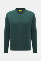Front view of B.F. Knitwear Cashmere crew neck sweater dark green, pure cashmere, soft touch, medium coarse knit, regular fit, crew neckline, elastic ribbed cuffs.
