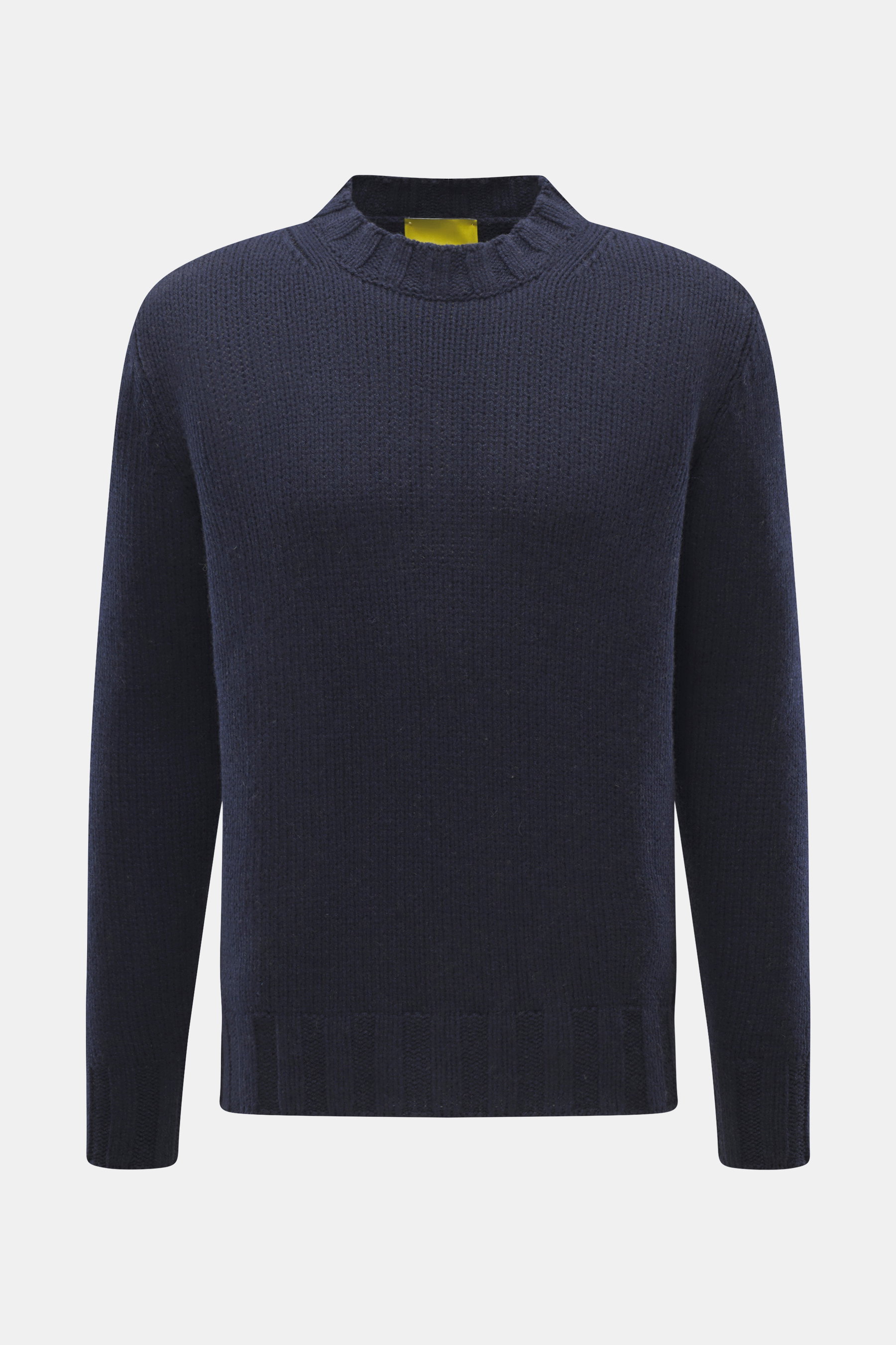 Front view of B.F. Knitwear Cashmere crewneck sweater navy, pure cashmere, soft touch, medium knit, regular fit, crew neckline, ribbed cuffs.