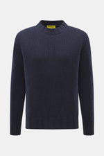 Front view of B.F. Knitwear Cashmere crewneck sweater navy, pure cashmere, soft touch, medium knit, regular fit, crew neckline, ribbed cuffs.