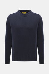Front view of B.F. Knitwear Cashmere crewneck sweater navy, pure cashmere, soft touch, medium knit, regular fit, crew neckline, ribbed cuffs.