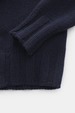 Close-up view of the B.F. Knitwear Cashmere crewneck sweater navy sleeve and hem, showing medium knit texture and ribbed cuffs.

Description:  
<p>Autumnal cashmere from the knitwear expert B.F. KNITWEAR: This softly knitted crewneck sweater is the perfec