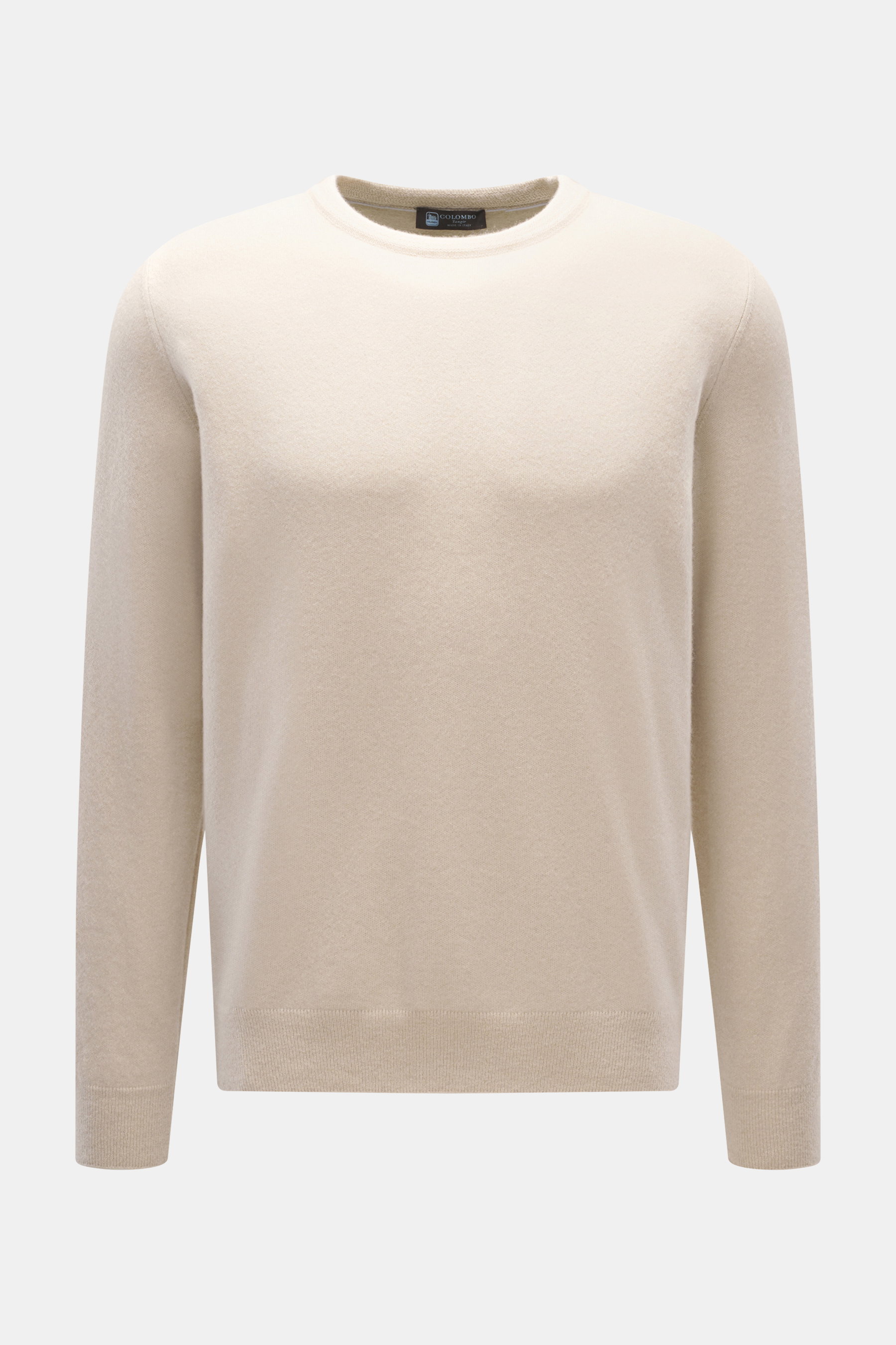 Colombo Cashmere Rundhalspullover sand, Frontansicht, aus reinem Yangir Cashmere, Regular Fit, Rundhalsausschnitt, seitliche Borte, weicher Griff, Rippbündchen.