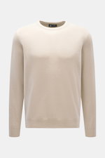 Colombo Cashmere Rundhalspullover sand, Frontansicht, aus reinem Yangir Cashmere, Regular Fit, Rundhalsausschnitt, seitliche Borte, weicher Griff, Rippbündchen.