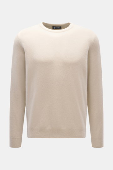 Colombo Cashmere Rundhalspullover sand, Frontansicht, aus reinem Yangir Cashmere, Regular Fit, Rundhalsausschnitt, seitliche Borte, weicher Griff, Rippbündchen.