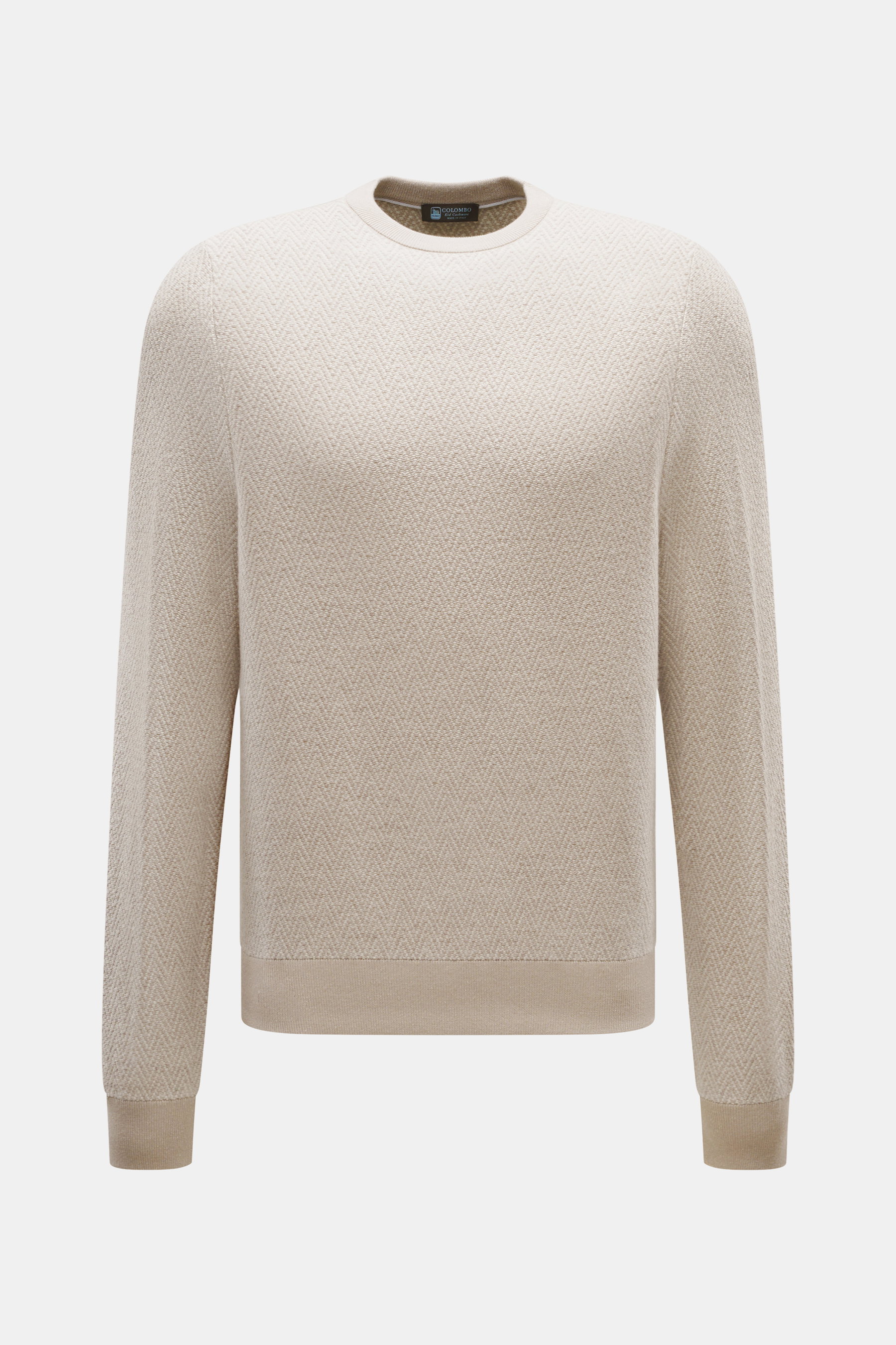Colombo Rundhalspullover beige/sand gemustert, Slim Fit, feines Strickmuster, Rundhalsausschnitt, Rippbündchen, aus Kid Cashmere und Kid Wool, frontale Nahaufnahme.