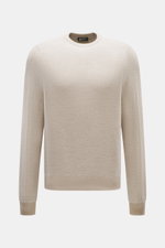 Colombo Rundhalspullover beige/sand gemustert, Slim Fit, feines Strickmuster, Rundhalsausschnitt, Rippbündchen, aus Kid Cashmere und Kid Wool, frontale Nahaufnahme.