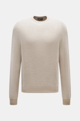 Colombo Rundhalspullover beige/sand gemustert, Slim Fit, feines Strickmuster, Rundhalsausschnitt, Rippbündchen, aus Kid Cashmere und Kid Wool, frontale Nahaufnahme.
