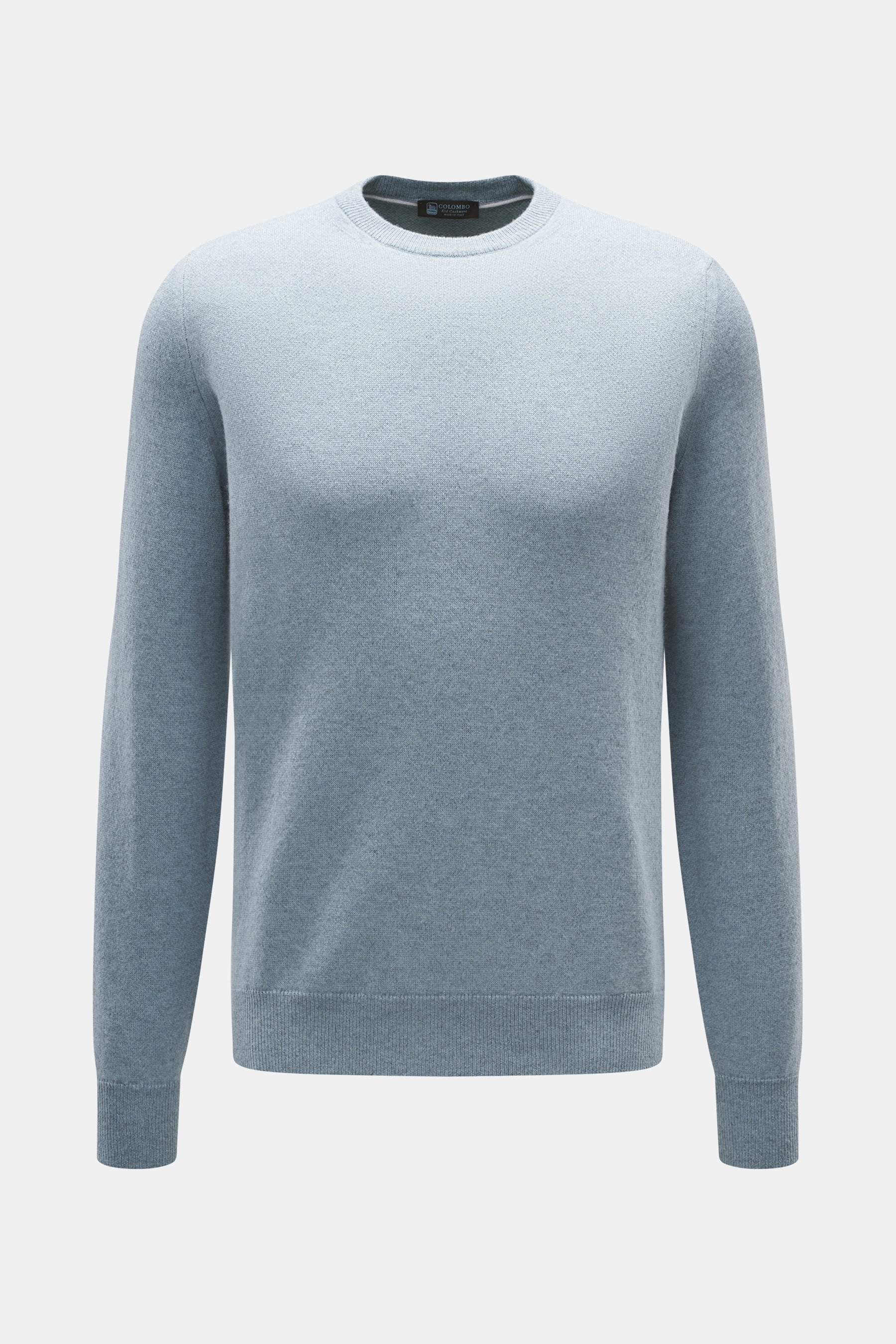Colombo Cashmere Rundhalspullover rauchblau, Slim Fit, reiner Kid Cashmere, weicher Griff, Rundhalsausschnitt, Rippbündchen, Frontansicht.