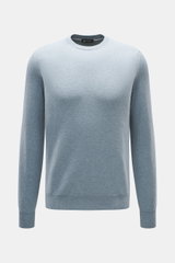 Colombo Cashmere Rundhalspullover rauchblau, Slim Fit, reiner Kid Cashmere, weicher Griff, Rundhalsausschnitt, Rippbündchen, Frontansicht.