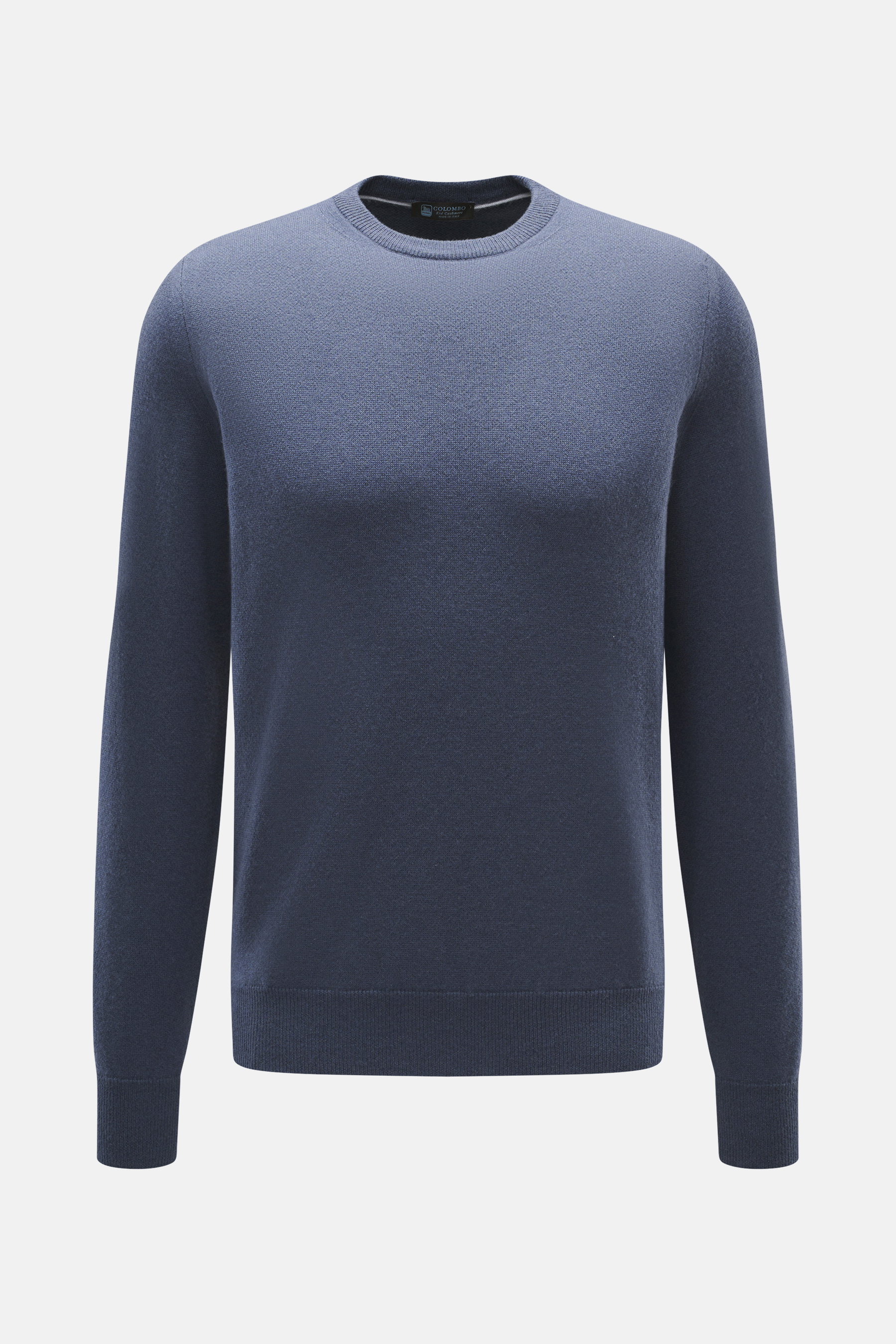 Colombo Cashmere Rundhalspullover graublau aus reinem Kid Cashmere, Slim Fit, weicher Griff, Rippbündchen, frontal fotografiert, feiner Strick.