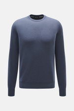 Colombo Cashmere Rundhalspullover graublau aus reinem Kid Cashmere, Slim Fit, weicher Griff, Rippbündchen, frontal fotografiert, feiner Strick.