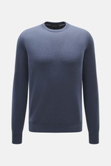 Colombo Cashmere Rundhalspullover graublau aus reinem Kid Cashmere, Slim Fit, weicher Griff, Rippbündchen, frontal fotografiert, feiner Strick.