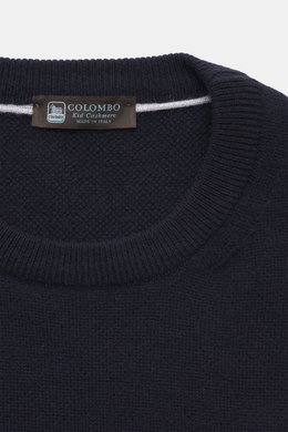 Colombo Cashmere Rundhalspullover navy, Detailaufnahme von oben, feiner Strick aus purem Kid Cashmere, Slim Fit, weicher Griff, Rippbündchen