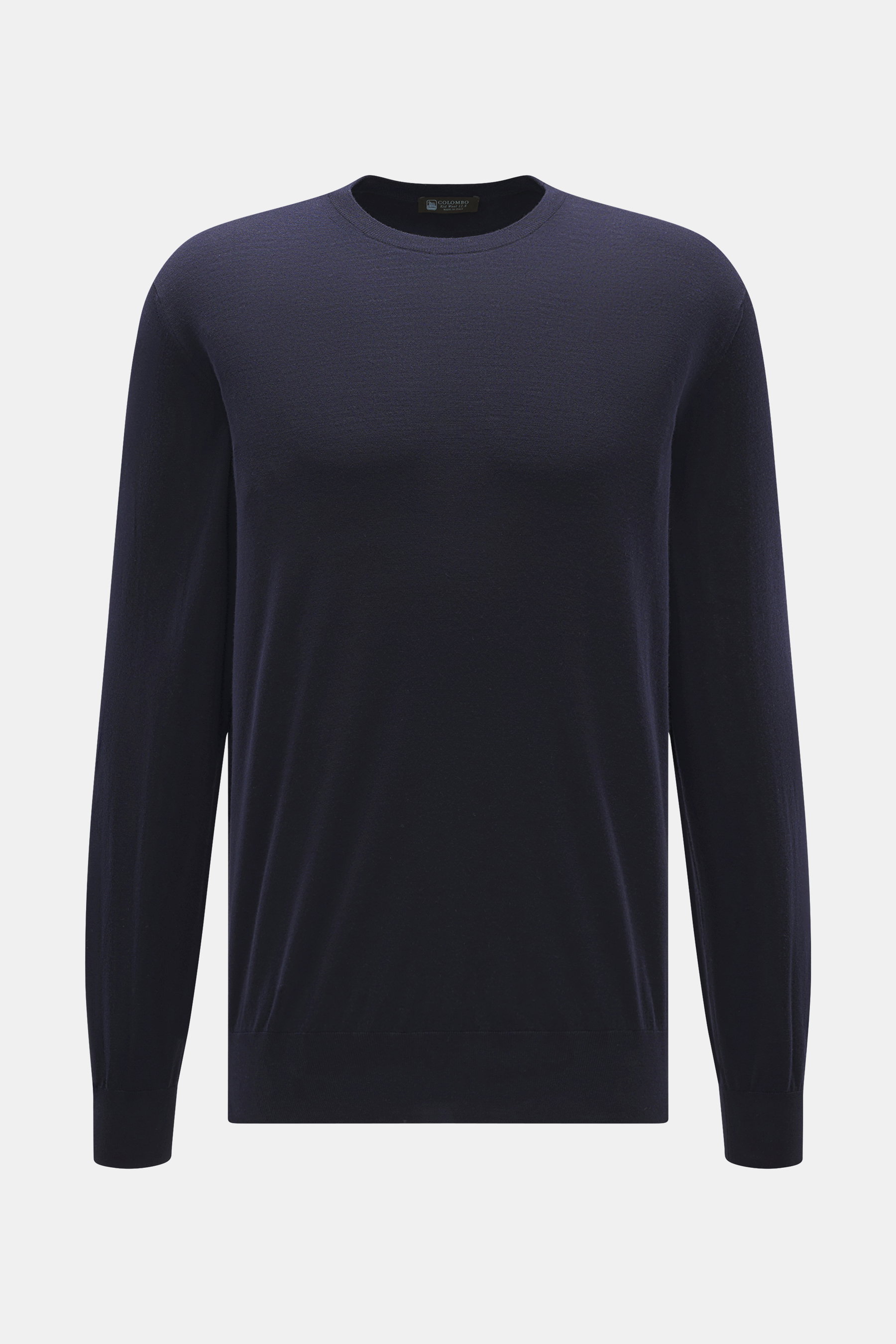 Colombo Rundhalspullover navy aus reiner Kid Wool mit Rundhalsausschnitt, Regular Fit, weichem Griff und Rippbündchen, frontal fotografiert.