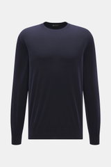 Colombo Rundhalspullover navy aus reiner Kid Wool mit Rundhalsausschnitt, Regular Fit, weichem Griff und Rippbündchen, frontal fotografiert.