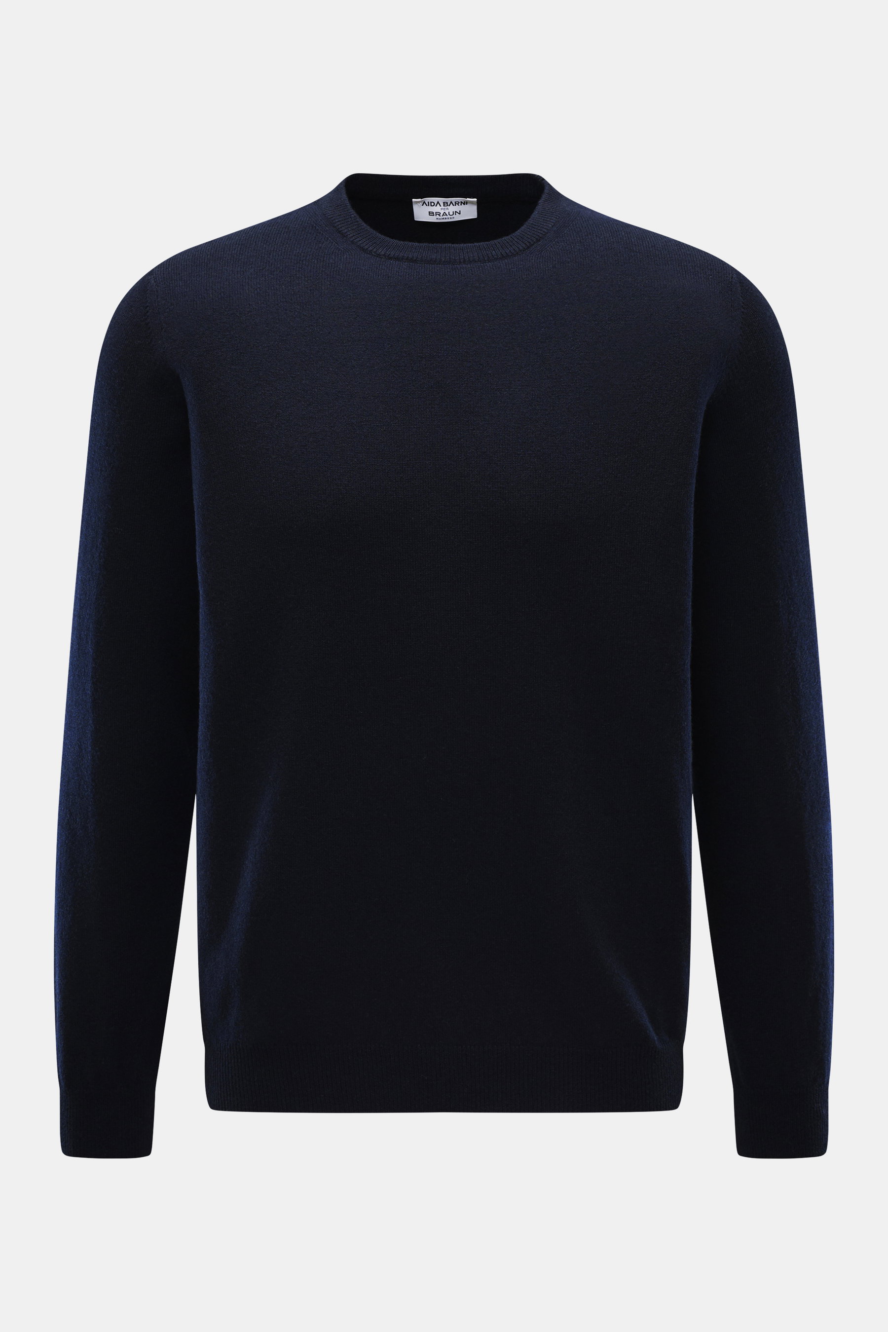 Frontale Nahaufnahme des Aida Barni Cashmere Rundhalspullover navy, Regular Fit mit Rundhalsausschnitt, feinem Strickbild und Rippbündchen.