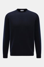 Front view of Aida Barni Cashmere crew neck jumper navy in pure cashmere with fine knit, regular fit, crew neckline, and ribbed cuffs.