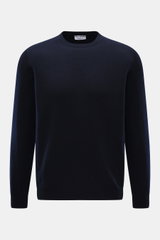 Front view of Aida Barni Cashmere crew neck jumper navy in pure cashmere with fine knit, regular fit, crew neckline, and ribbed cuffs.