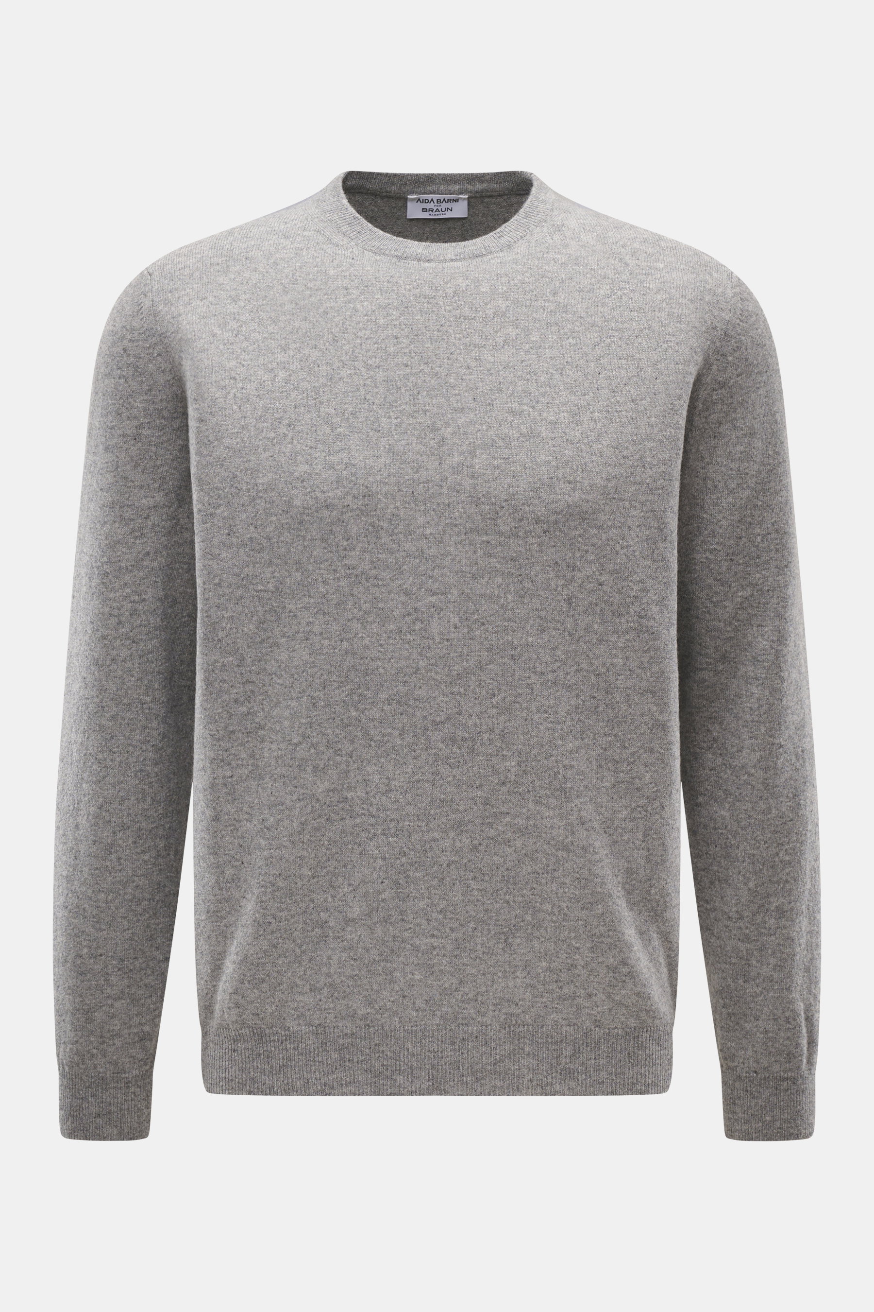 Aida Barni Cashmere Rundhalspullover grau meliert, frontal aufgenommen, reiner Cashmere, weicher Griff, feines Strickbild, Regular Fit, Rundhalsausschnitt, Rippbündchen.