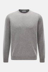 Front view of Aida Barni Cashmere crew neck jumper grey melange, made of pure cashmere with a fine knit pattern, regular fit, crew neckline, and ribbed cuffs. Luxury-class essential with a very soft feel.