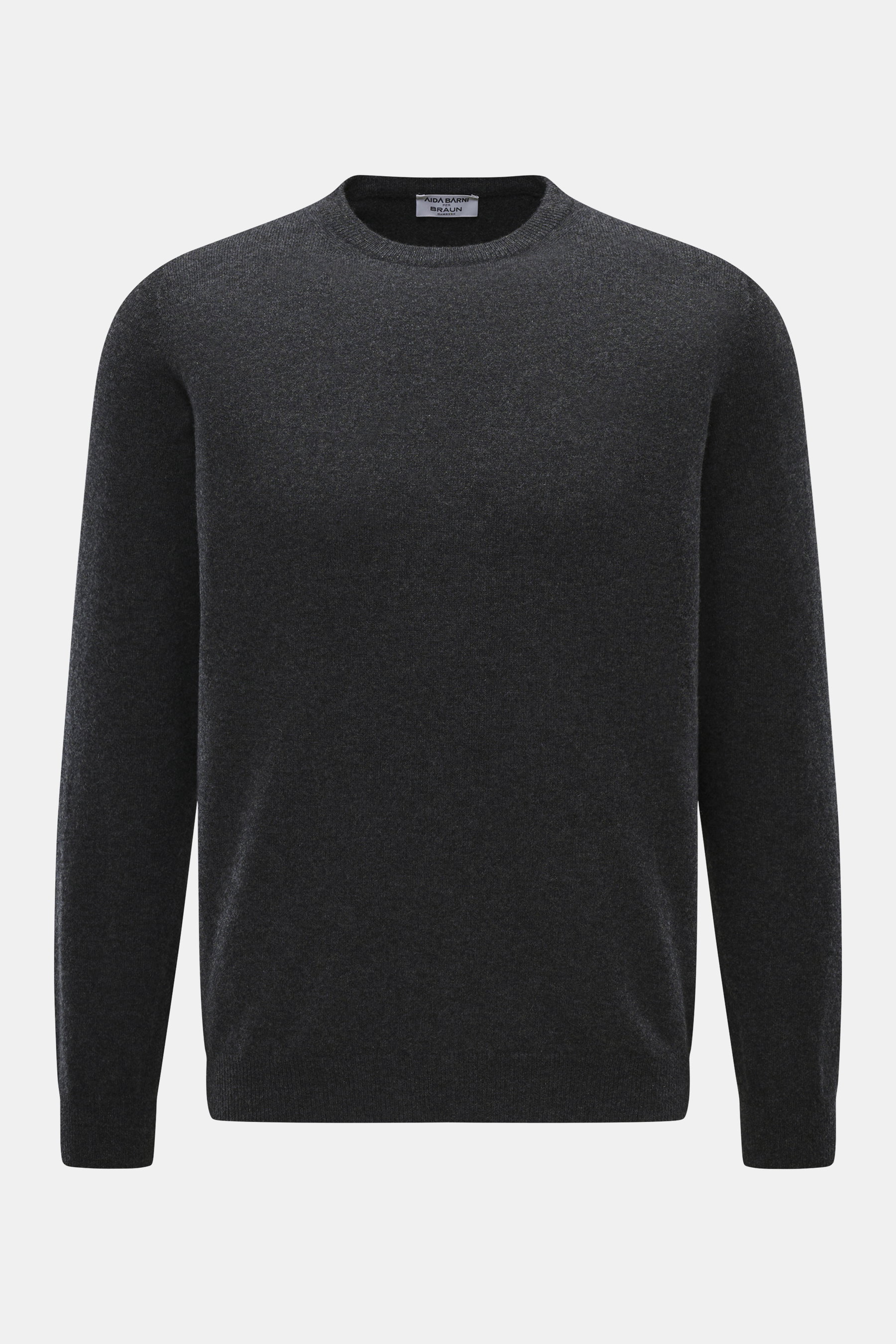Aida Barni Cashmere Rundhalspullover dunkelgrau meliert, frontale Nahaufnahme, Regular Fit mit Rundhalsausschnitt, weicher reiner Cashmere mit feinem Strickbild und komfortablen Rippbündchen.