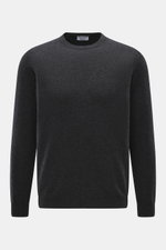 Aida Barni Cashmere crew neck jumper dark grey melange shown front view, pure cashmere, soft feel, fine knit, regular fit, crew neckline, ribbed cuffs.