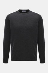 Aida Barni Cashmere crew neck jumper dark grey melange shown front view, pure cashmere, soft feel, fine knit, regular fit, crew neckline, ribbed cuffs.
