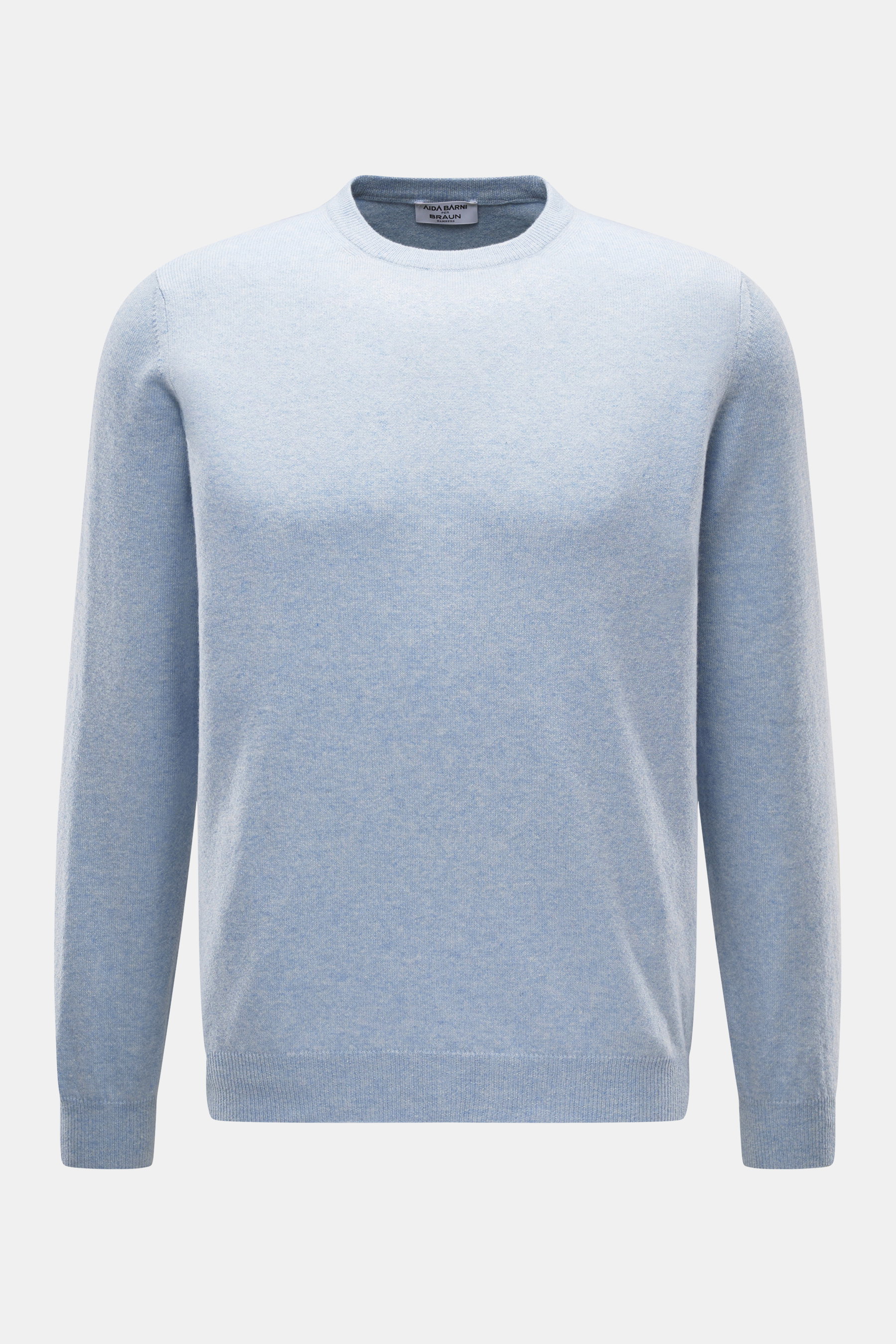 Aida Barni Cashmere Rundhalspullover hellblau meliert, Frontansicht, reiner Cashmere, feines Strickbild, Regular Fit, Rundhalsausschnitt, weiche Rippbündchen.