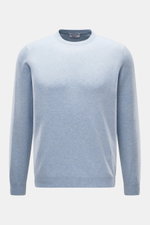Aida Barni Cashmere crew neck jumper light blue melange shown from the front, featuring pure cashmere, soft feel, fine knit, regular fit, crew neckline, ribbed cuffs. Luxury-class essential: The Italian label AIDA BARNI processes premium cashmere in this 