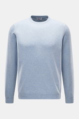 Aida Barni Cashmere crew neck jumper light blue melange shown from the front, featuring pure cashmere, soft feel, fine knit, regular fit, crew neckline, ribbed cuffs. Luxury-class essential: The Italian label AIDA BARNI processes premium cashmere in this 