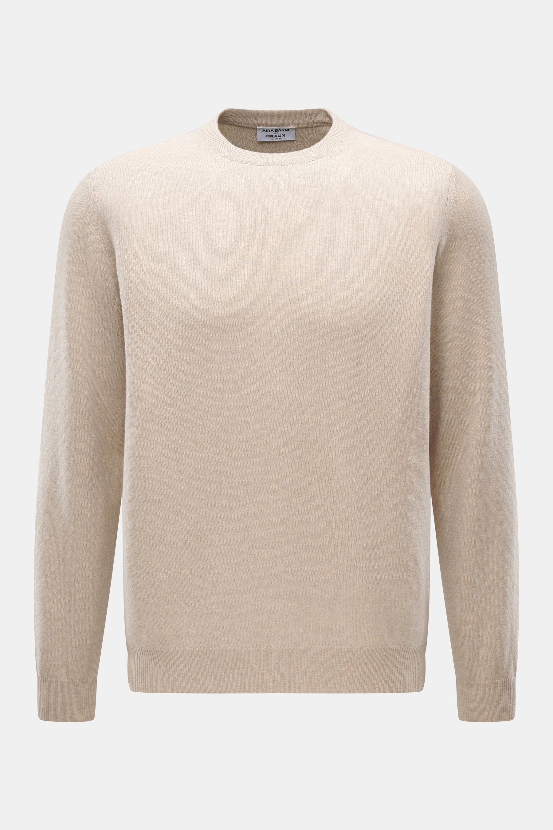 Frontale Nahaufnahme des Aida Barni Cashmere Rundhalspullover sand meliert, reiner Cashmere, weicher Griff, feines Strickbild, Regular Fit, Rundhalsausschnitt und Rippbündchen.