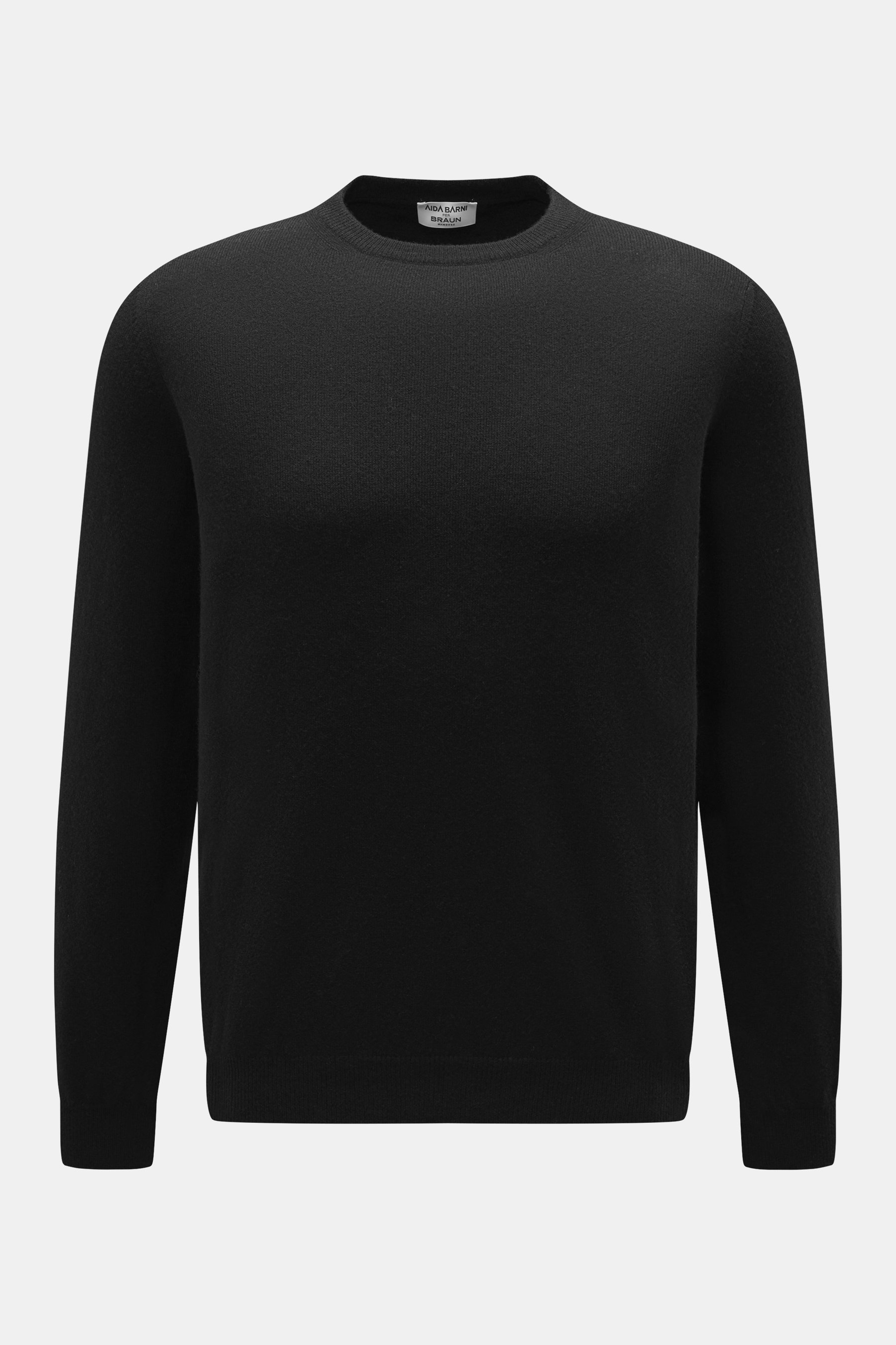 A front view of the Aida Barni Cashmere crew neck jumper black, made of pure cashmere with a fine knit pattern, regular fit, crew neckline, and ribbed cuffs, offering a very soft feel and luxury-class quality.