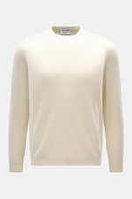 Front view of Aida Barni Cashmere crew neck jumper cream, a luxury-class essential in pure cashmere with fine knit, crew neckline, regular fit, and ribbed cuffs.