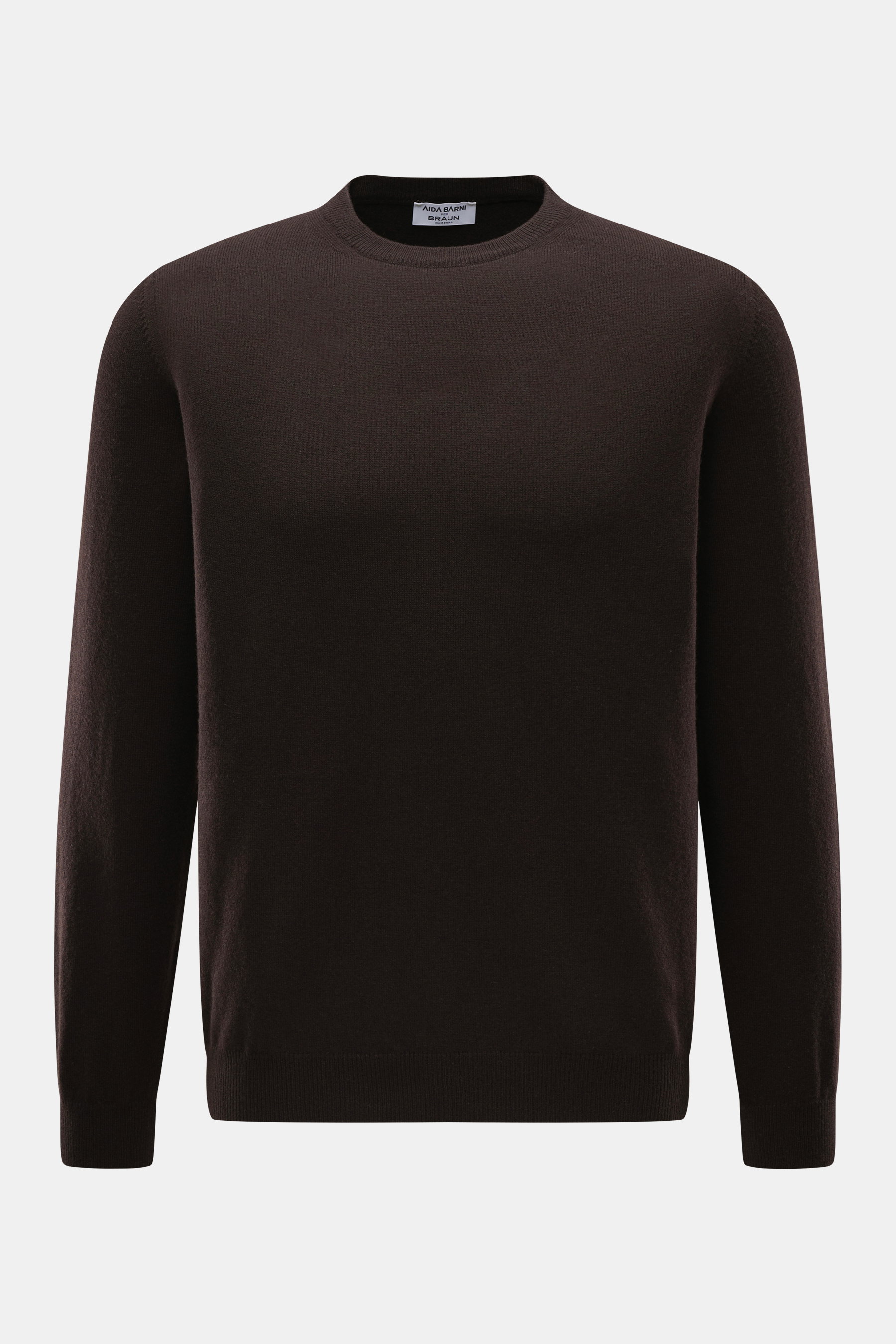 Aida Barni Cashmere Rundhalspullover dunkelbraun, frontal fotografiert, Regular Fit, reiner Cashmere, weicher Griff, feines Strickbild, Rundhalsausschnitt, Rippbündchen.
