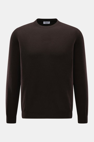 Aida Barni Cashmere Rundhalspullover dunkelbraun, frontal fotografiert, Regular Fit, reiner Cashmere, weicher Griff, feines Strickbild, Rundhalsausschnitt, Rippbündchen.