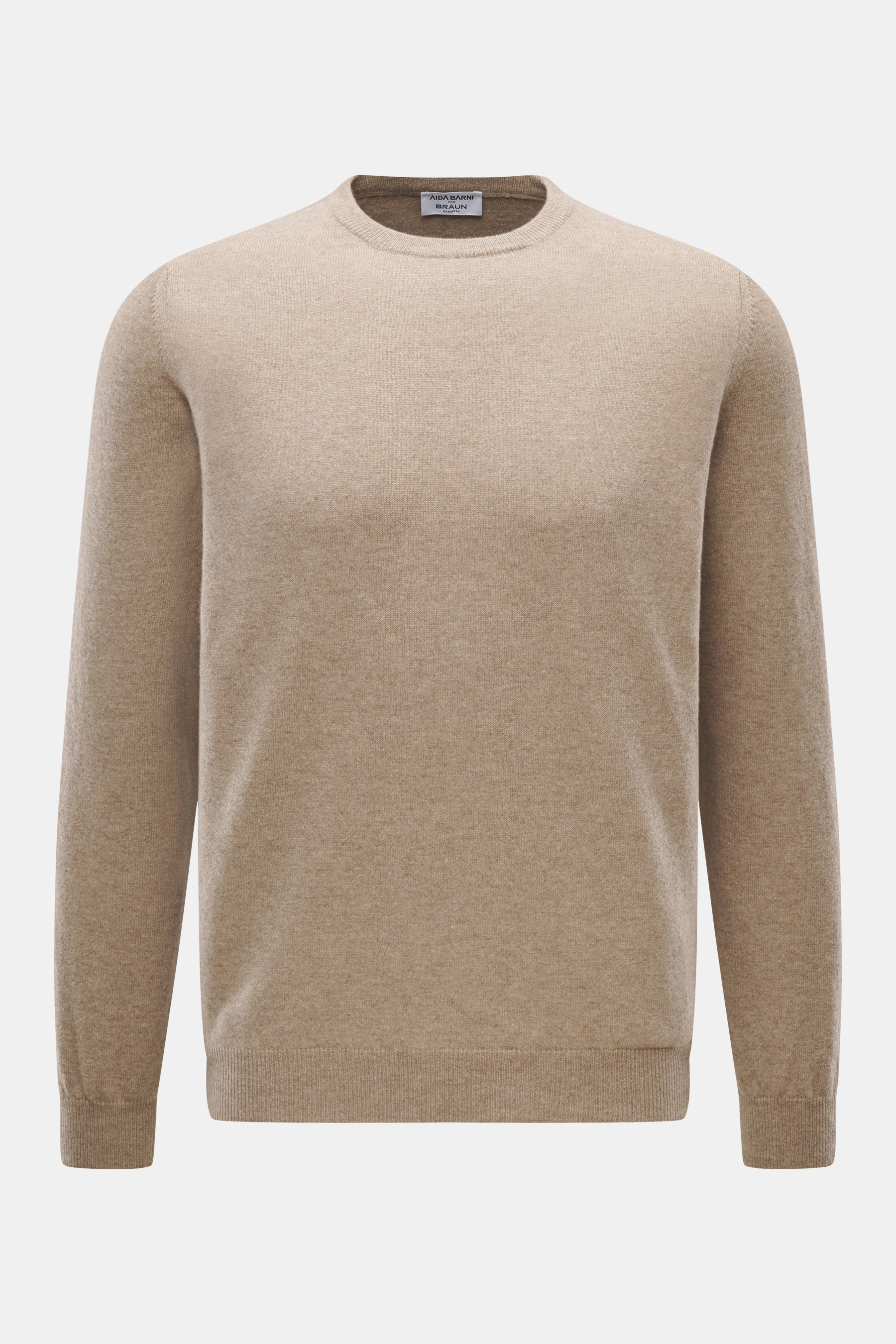 Aida Barni Cashmere Rundhalspullover beige meliert, Frontansicht, reiner Cashmere, feines Strickbild, Regular Fit, Rundhalsausschnitt, komfortable Rippbündchen, sehr weicher Griff.