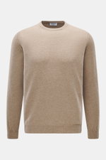 Front view of Aida Barni Cashmere crew neck jumper beige melange, a luxury pure cashmere sweater with fine knit, regular fit, crew neckline, and ribbed cuffs.